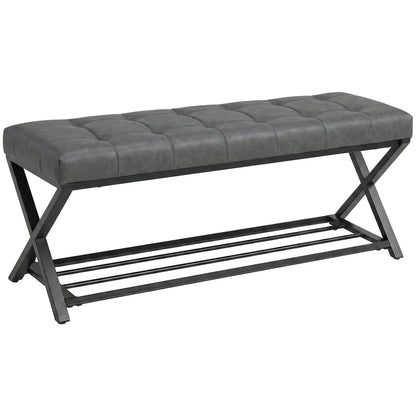 HOMCOM Gepolsterte Schuhbank mit Stauraum — Industrial X‑Frame Stahl, PU‑Kunstleder, 220 kg Tragfähigkeit, 112×37×47 cm, Dunkelgrau