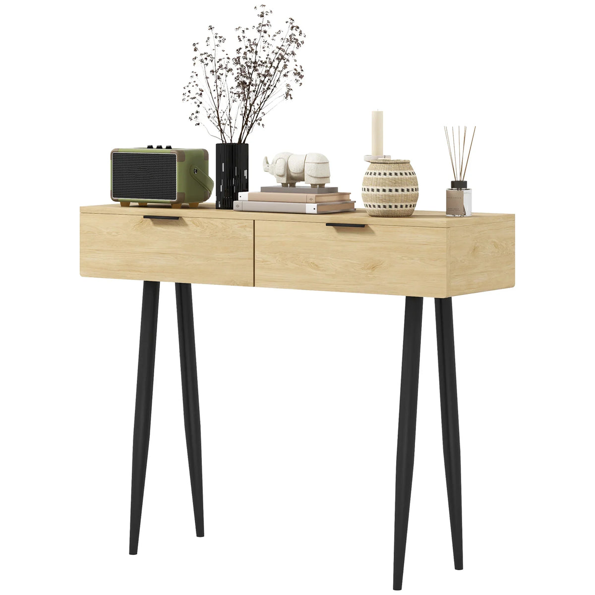 HOMCOM Konsolentisch für den Eingangsbereich mit 2 Schubladen und Stahlbeinen, 100x30x80,5 cm, Eiche
