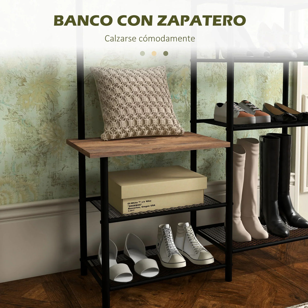 HOMCOM Garderobenständer mit Schuhregal und 5 Regalen - Garderobenständer mit 6 Haken zum Aufhängen von Taschen und Kleidung im Industrie-Design 92,5x28,2x182 cm Rustikal Braun