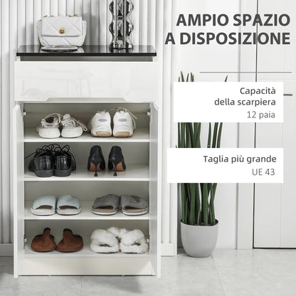 HOMCOM Slim Schuhschrank für bis zu 12 Paare Schuhe für Eingänge und Flure mit 3 verstellbaren Regalen und Schublade aus glänzendem Spanplattenwerkstoff, 60x32x100 cm