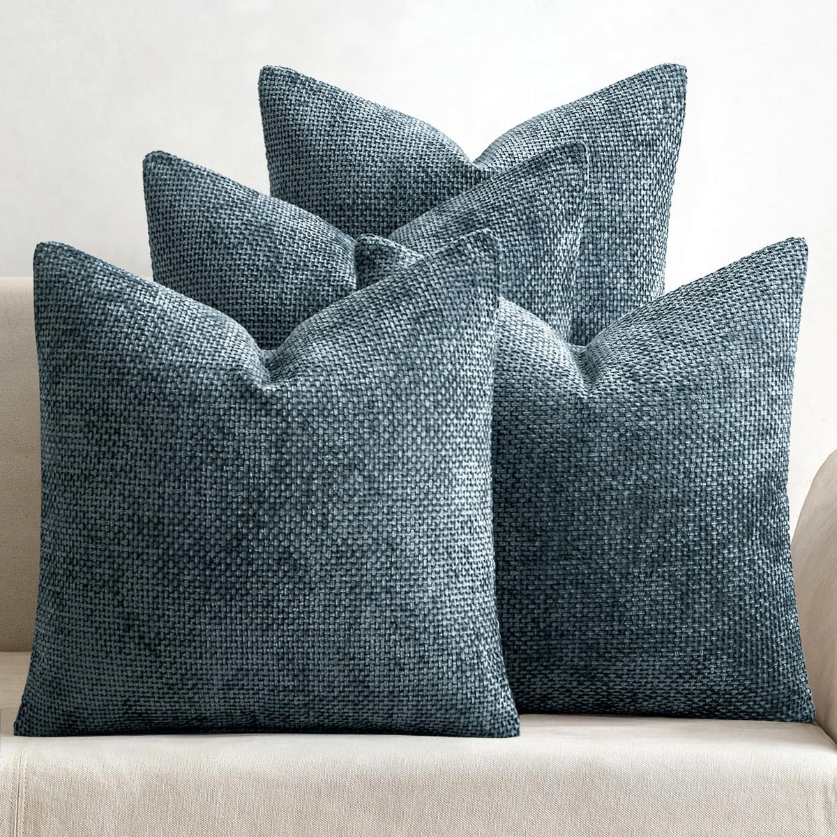 Pack of 4 Couch Throw Pillow Covers 18x18 Inch Neutral Blue Soft Decorative Chenille Pillow Covers Farmhouse Accent Cushion Covers for Boho Western Spring Coastal Decor Sofa Bed Living Room