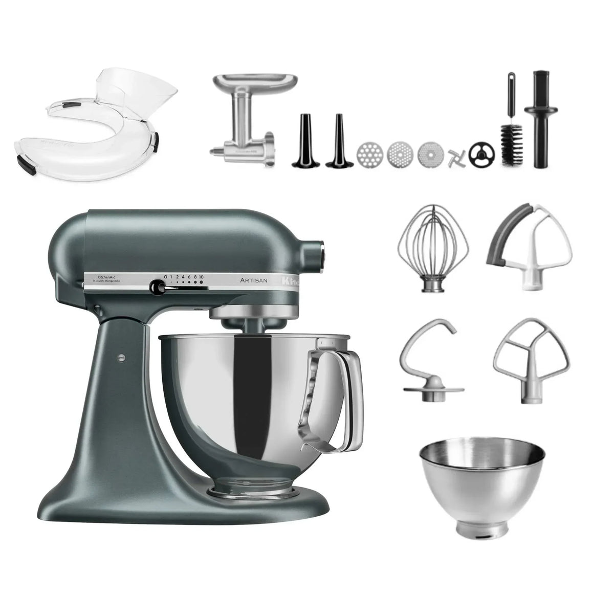 KitchenAid 4,8 L 5KSM175 Artisan Küchenmaschine Meatlover mit Ganzmetall- Fleischwolf und Spritzgebäckvorsatz