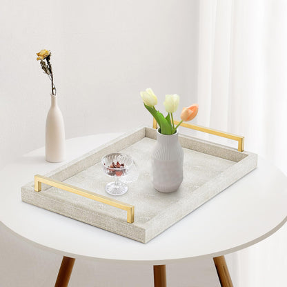 Ivory Shagreen Decorative Tray Large Rectangle Coffee Table Tray for Ottoman Faux Leather Serving Tray with Brushed Gold Handles