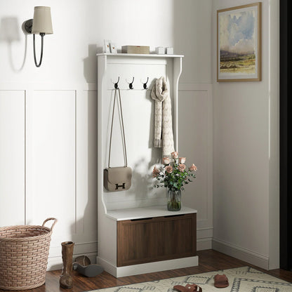 HOMCOM 3 in 1 Garderobenständer mit Schuhbank, platzsparender Boden-Garderobenständer mit 4 Haken und Ablagebank, MDF, für Flur, Schlafzimmer, 71,5x39,5x170 cm, Weiß und Braun