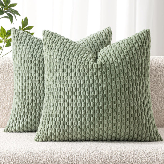 MIULEE Pack of 2 Decorative Throw Pillow Covers 18x18 Inch Soft Boho Striped Textured Corduroy Pillow Covers Spring Modern Farmhouse Home Decor for Couch Bed Sofa Living Room Sage Green