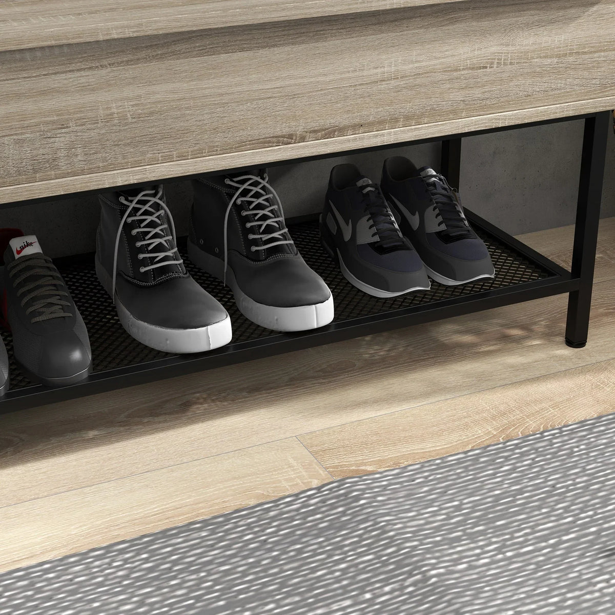 HOMCOM Schuhbank mit Klappdeckel und verstecktem Fach sowie unterer Gitterablage für 4 Paar Schuhe für Flur und Wohnzimmer 84x39,5x61 cm Eiche