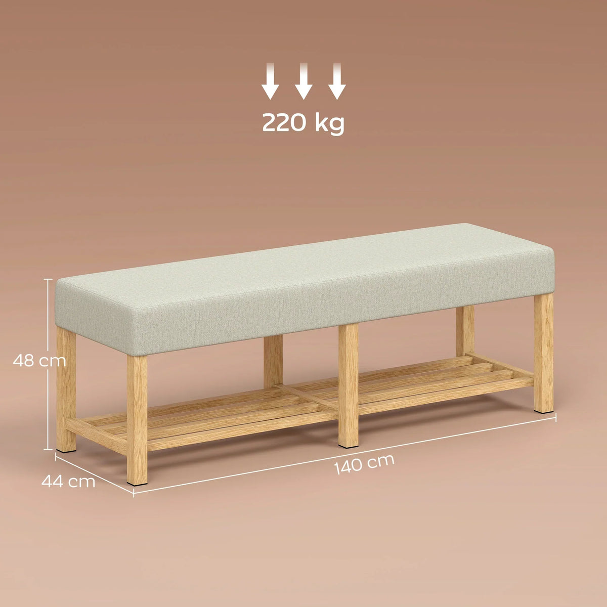 HOMCOM Schuhbank — Moderner Flurbank mit gepolstertem Sitz für 2, offene Schuhablage, Gummibaumholz, für Flur, Diele, Wohnzimmer, 140 x 44 x 48 cm, Creme & Naturholz