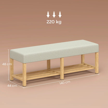 HOMCOM Schuhbank — Moderner Flurbank mit gepolstertem Sitz für 2, offene Schuhablage, Gummibaumholz, für Flur, Diele, Wohnzimmer, 140 x 44 x 48 cm, Creme & Naturholz