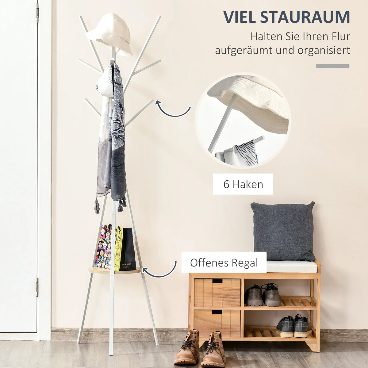 HOMCOM Garderobe, Hutständer mit 8 Haken, Kleiderständer mit Ablage, Stehkleiderschrank für Kleidung, Hüte, Taschen, Metall, Weiß, 45 x 45 x 180 cm