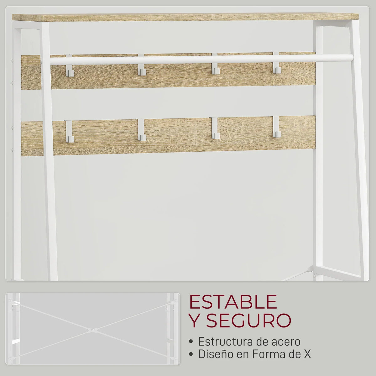 HOMCOM Garderobe mit Schuhregal – Eingangsbereich Garderobe mit Schuhregal, 8 Haken, 2 Stoffschubladen, Maschenregal im industriellen Stil für hängende Kleidung – Flur, Schlafzimmer, Wohnzimmer 80x30x180,5 cm Natur