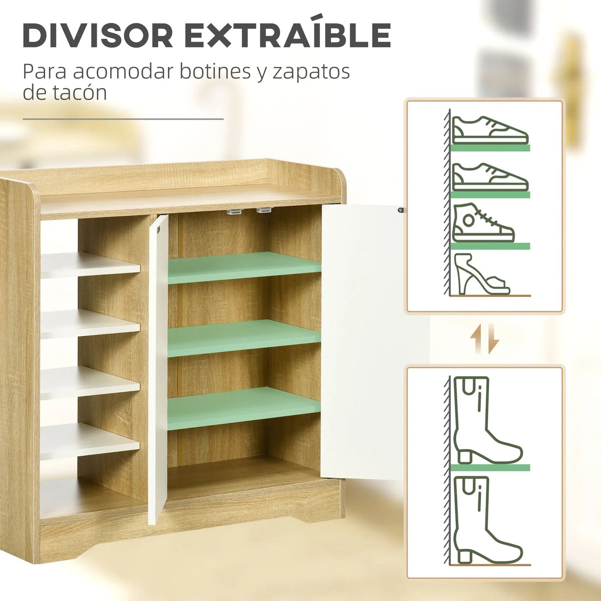 HOMCOM Moderner Schuhschrank Schmaler Schuhregal mit 2 Türen Stauraum für 13 Paar Schuhe Flur & Diele 80x30x80 cm Natur und Weiß